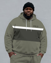 Large Size Men's Autumn And Winter Warm Cold-proof Gentleman Fog Green Color-block Small Label Printed Kangaroo Large Pocket Hoodie Sweatpants Set